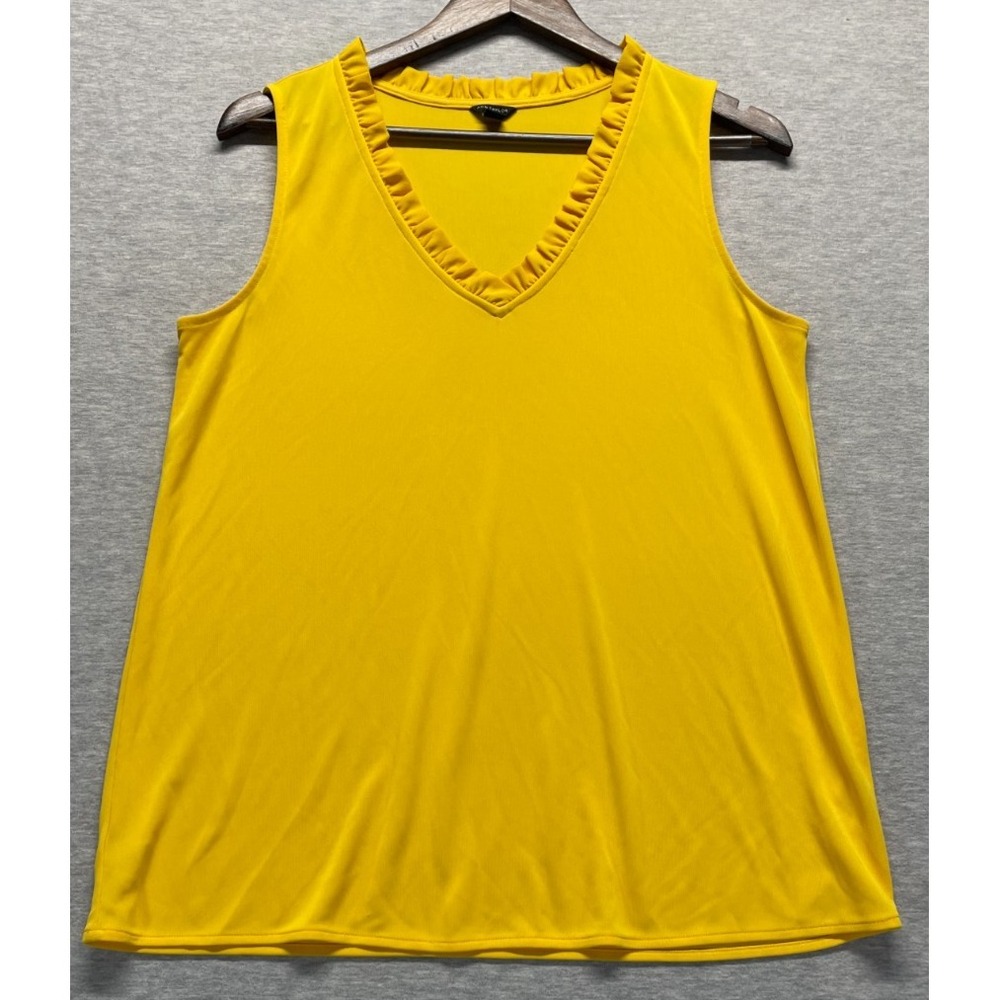 Ann Taylor Tank Blouse Top Womens Medium Yellow Stretch Ruffle V Neck Sleeveless